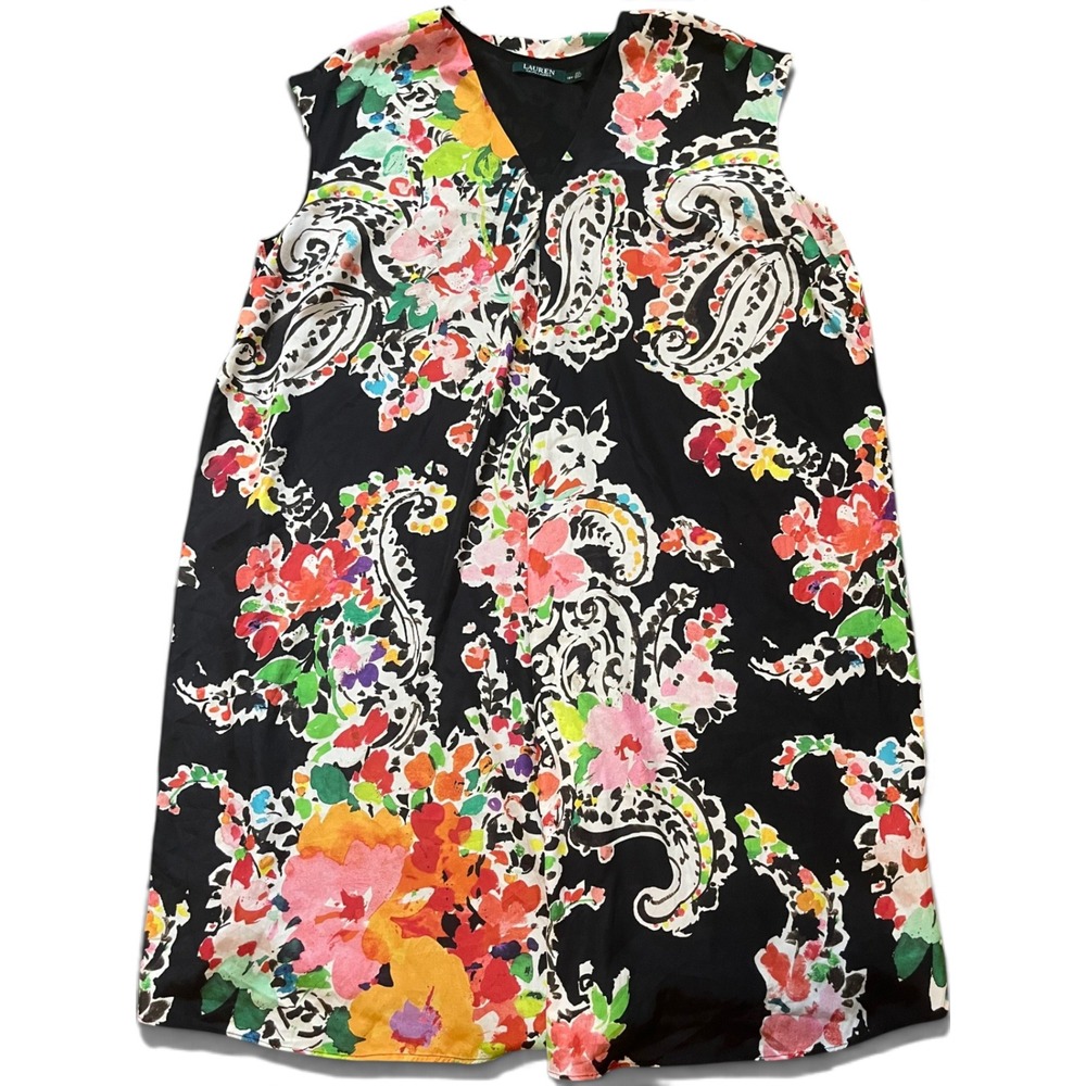 Lauren Ralph Lauren Black Floral Paisley V-Neck Sleeveless Shift Dress 16W